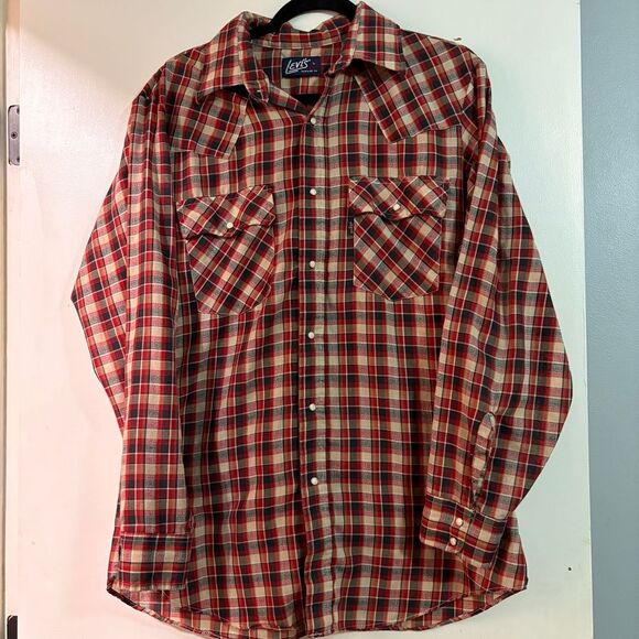 Vintage 80s LEVIS Light Plaid Pearl Snap‎ Long Sleeve Western Shirt Size L - Picture 1 of 6